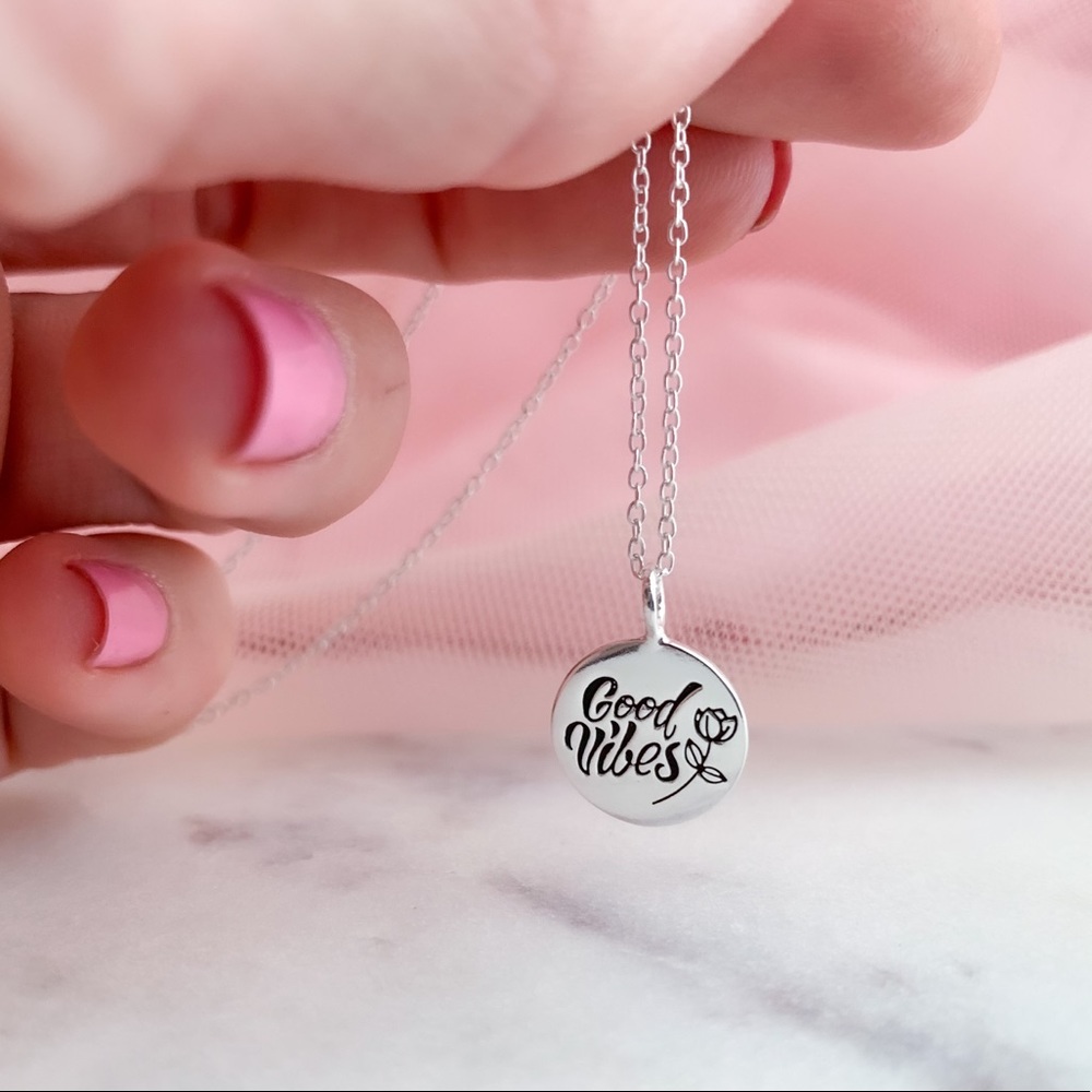 925 SS Good Vibes disc charm necklace